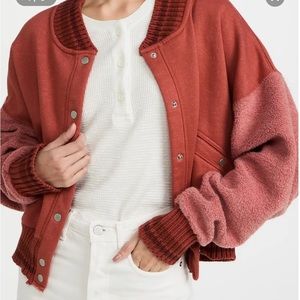Free People Holla Back Varsity Sherpa sleeve orange jacket